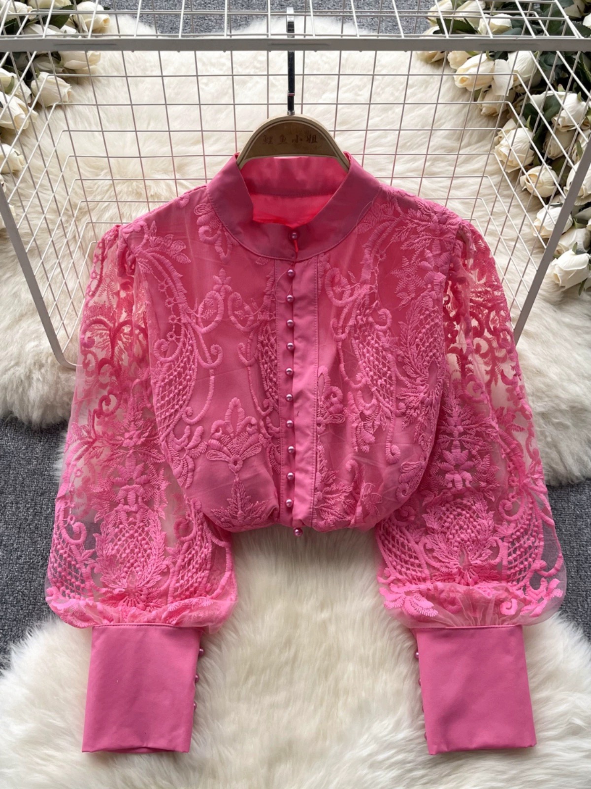 Vintage, High Sense, Puffy Sleeve Shirt, Tulle Embroidery, Lace Top