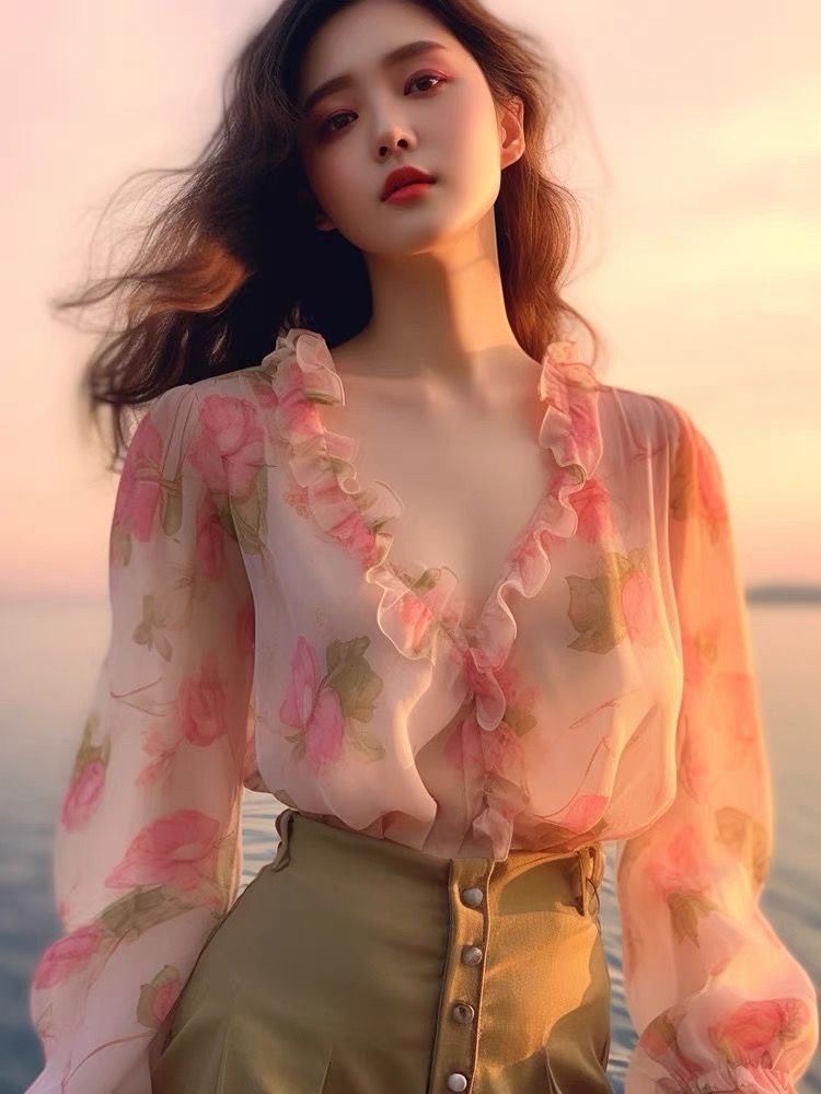 Floral Shirt, Ruffled V-neck Stylish Pink Chiffon Top