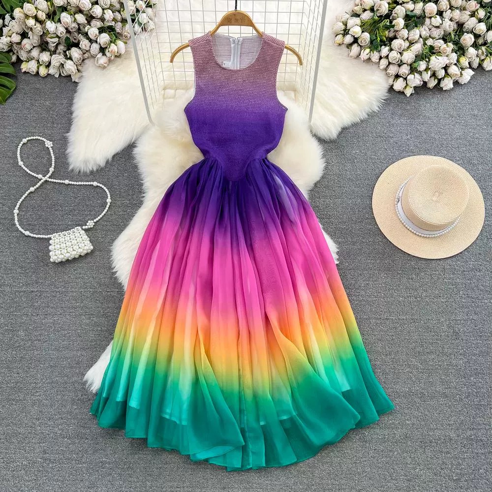 Fashion, Light Luxury, Temperament, Sleeveless, Round Neck Waist Slimming A Word Rainbow Gradient Chiffon Dress, Elegant Long Dress