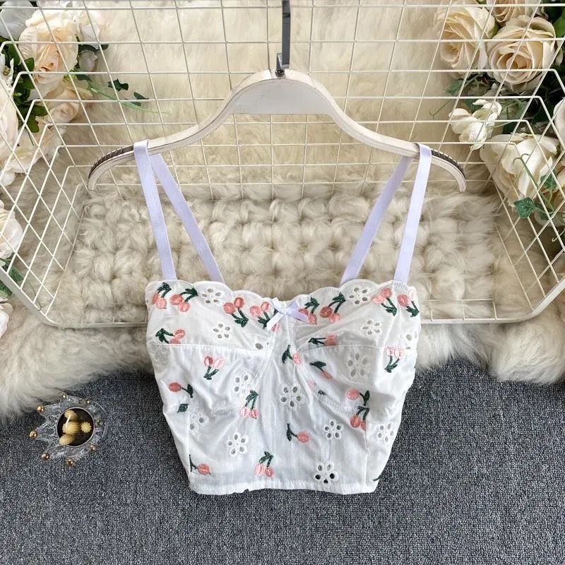 Cherry Embroidery, Cut-out Sexy , Halter Top, Short Crop Top