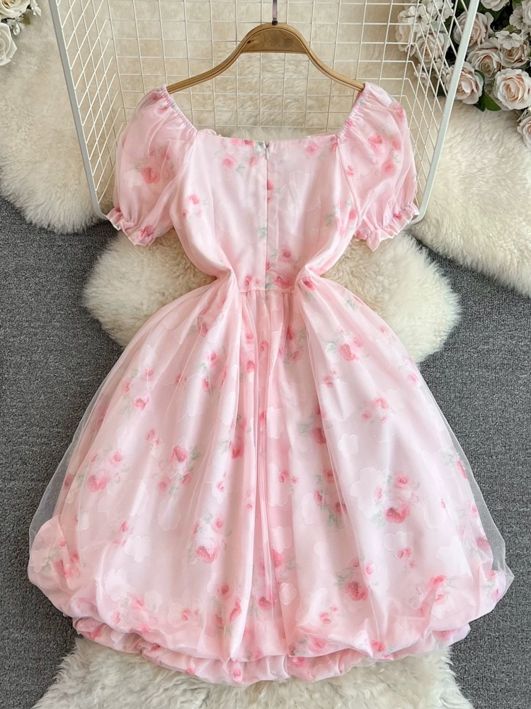 puffy short princess dress Short Puffy Sleeves Yellow A-line Short Princess Dress  Ohmollydress