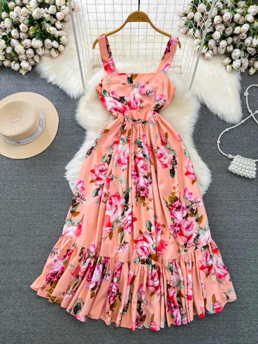 Fairy Floral Suspender Dress, Seaside Beach Dress, Gentle Waist Mid-length A-line Ruffle Dress