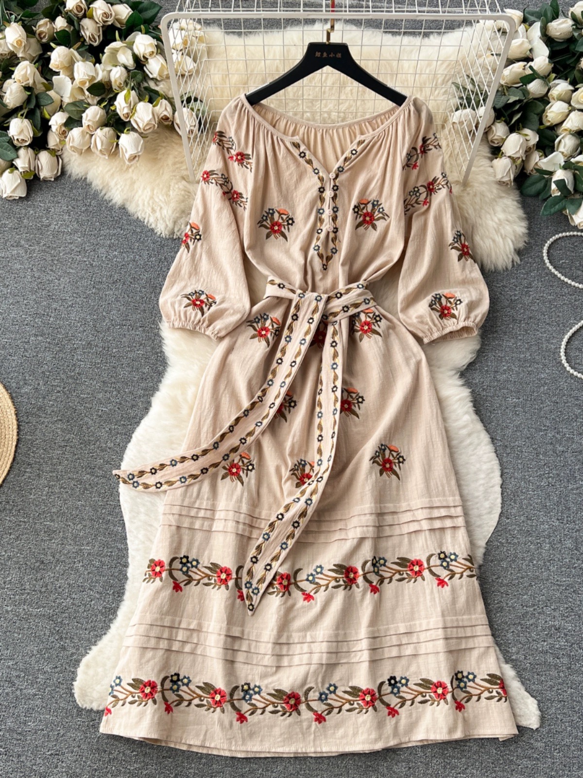 Vintage, Ethnic, Embroidered Puffy Sleeve Dress, Lace-up Waist Slimming Holiday A-line Dress