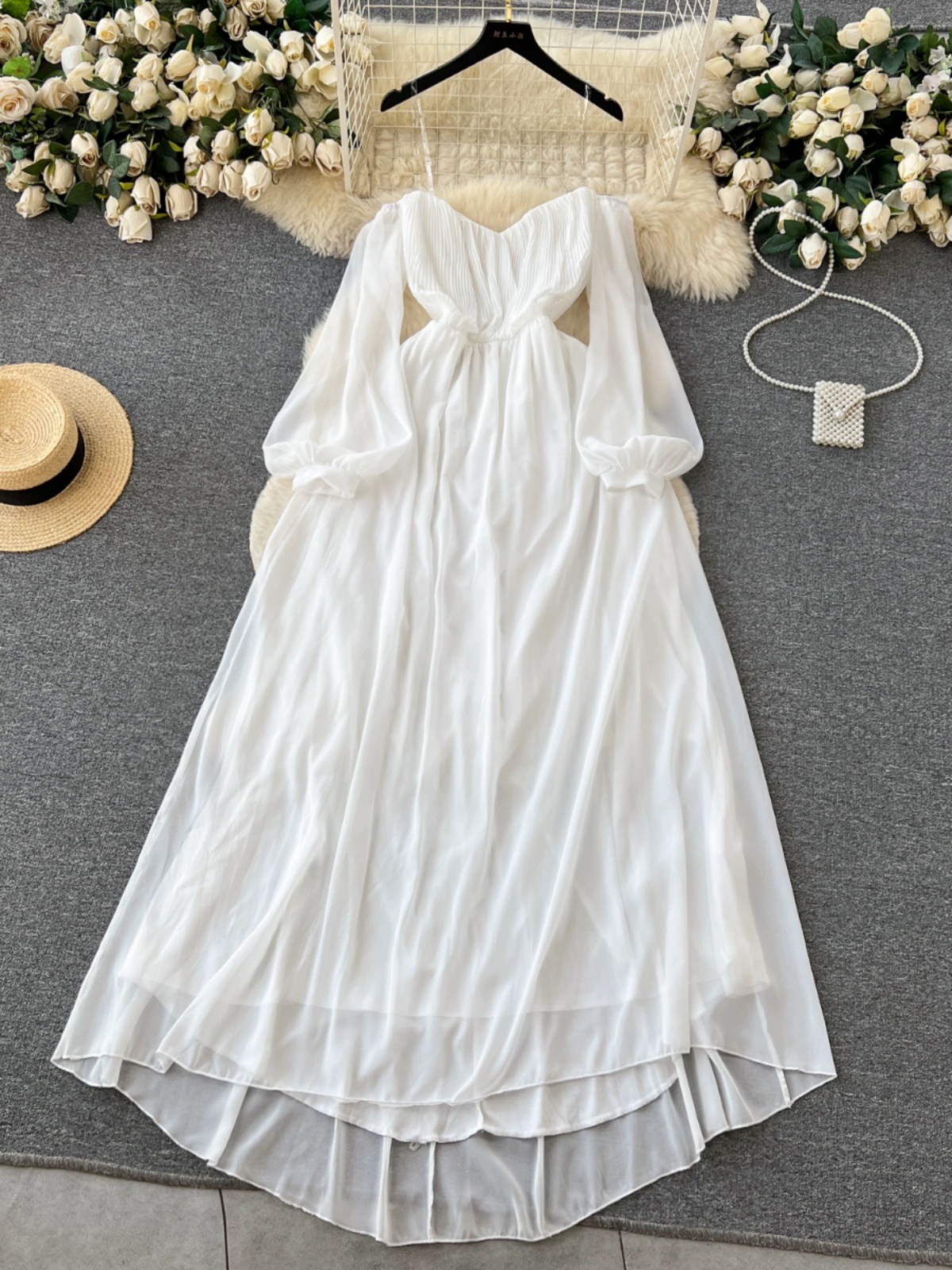 Off-shoulder Long-sleeved Dress, High-waisted Slimming White Dress