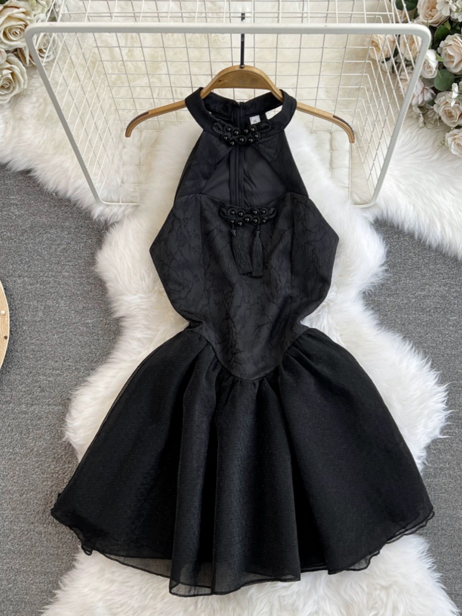 Fashion Halter Dress, Waist Slimming A-line Puffy Black Dress, Birthday Little Black Dress