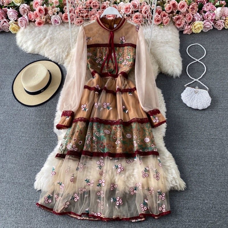 High Quality Socialite Temperament Lace Tulle Embroidery Dress, Fashion Elegant Long Dress
