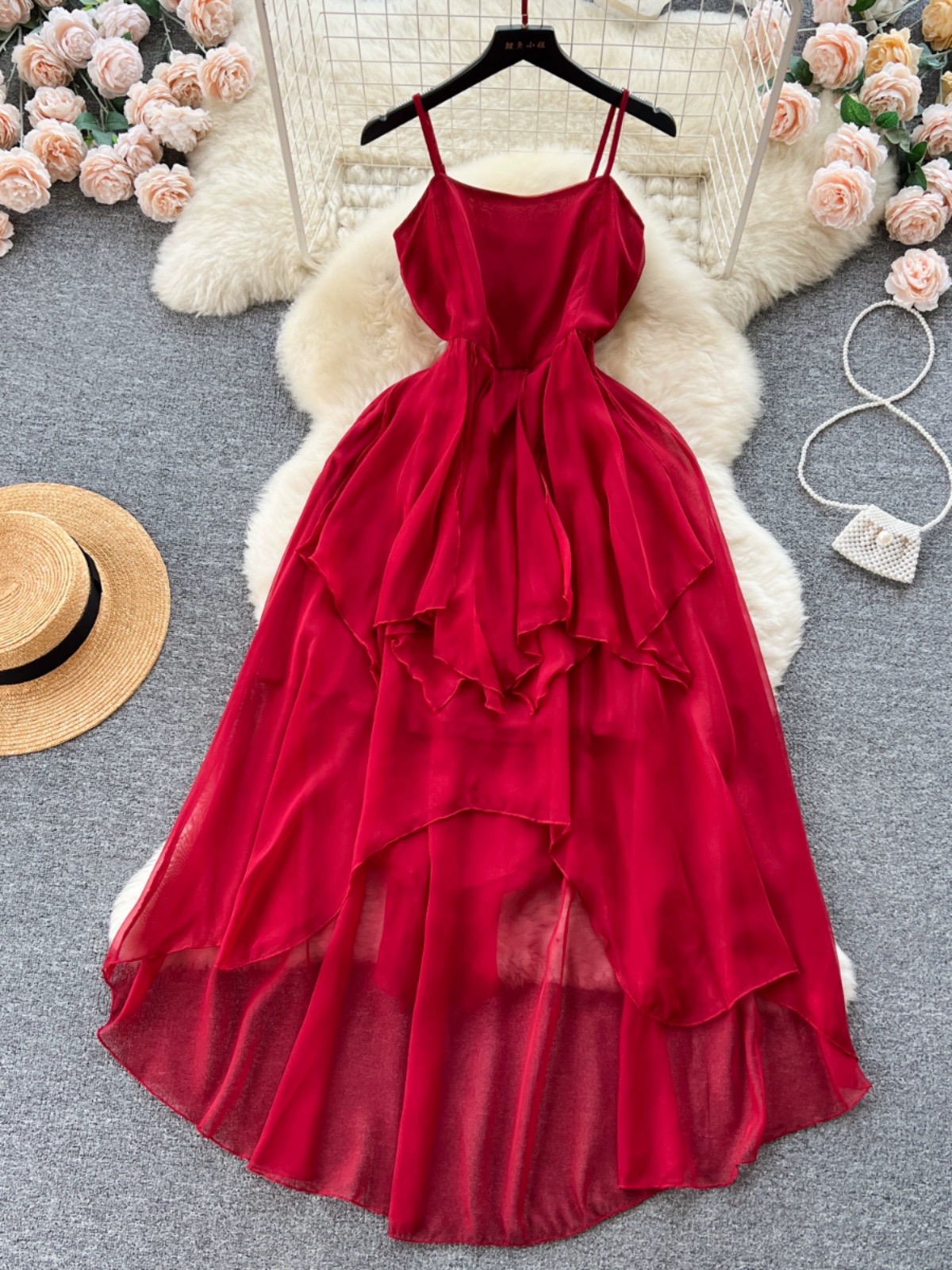 Red Halter Dress, Temperament, Holiday Style, High Waist, Irregular Ruffled Chiffon Dress