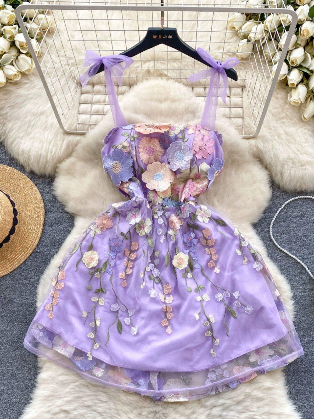 Celebrity, Embroidered 3d Flowers, Sexy Mini Dress,spaghetti Strap Mesh Dress
