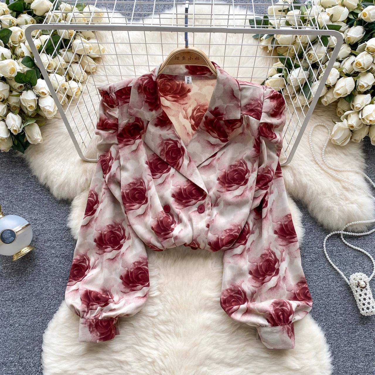 French Pleated Puff Sleeve Suit Collar Floral Blouses
