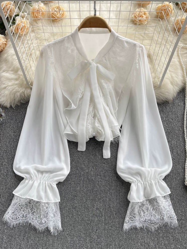 Ruffle Trim Blouses Panel Lace Chiffon Long Sleeves