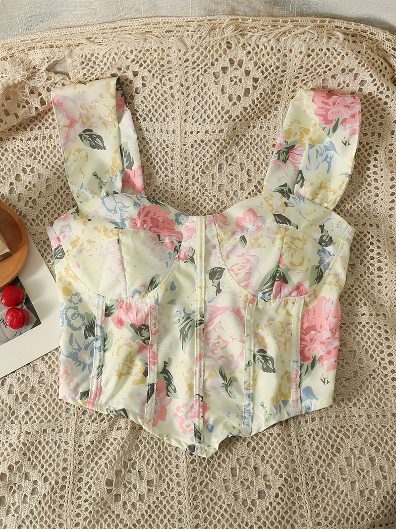 Floral Camisole, Sweet And Spicy Fishbone Girl Short Slim Fit Inner Top