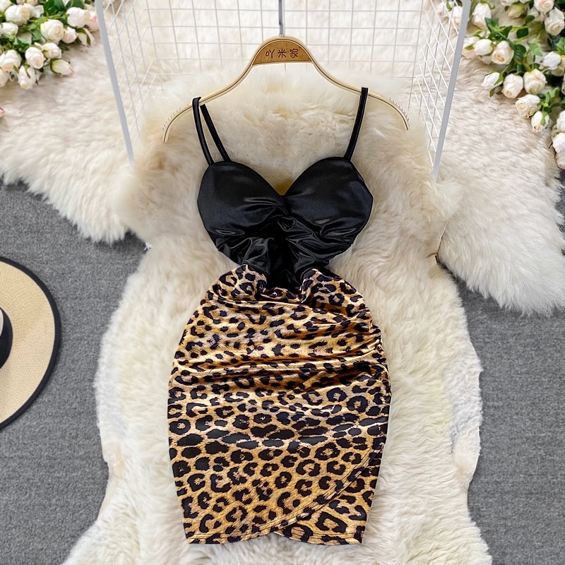 Sexy Leopard Stitching Contrast Backless Strapless Dress
