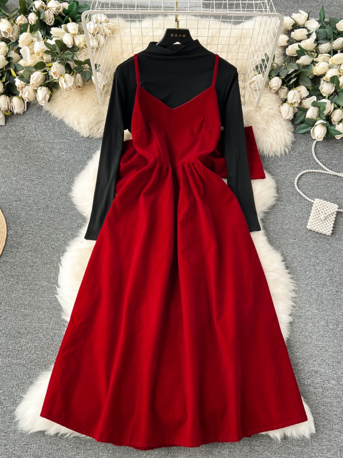 Cute Bow Velvet Backless Dress Fashion Dress,vintage Red Dress,black Top ,two Piece