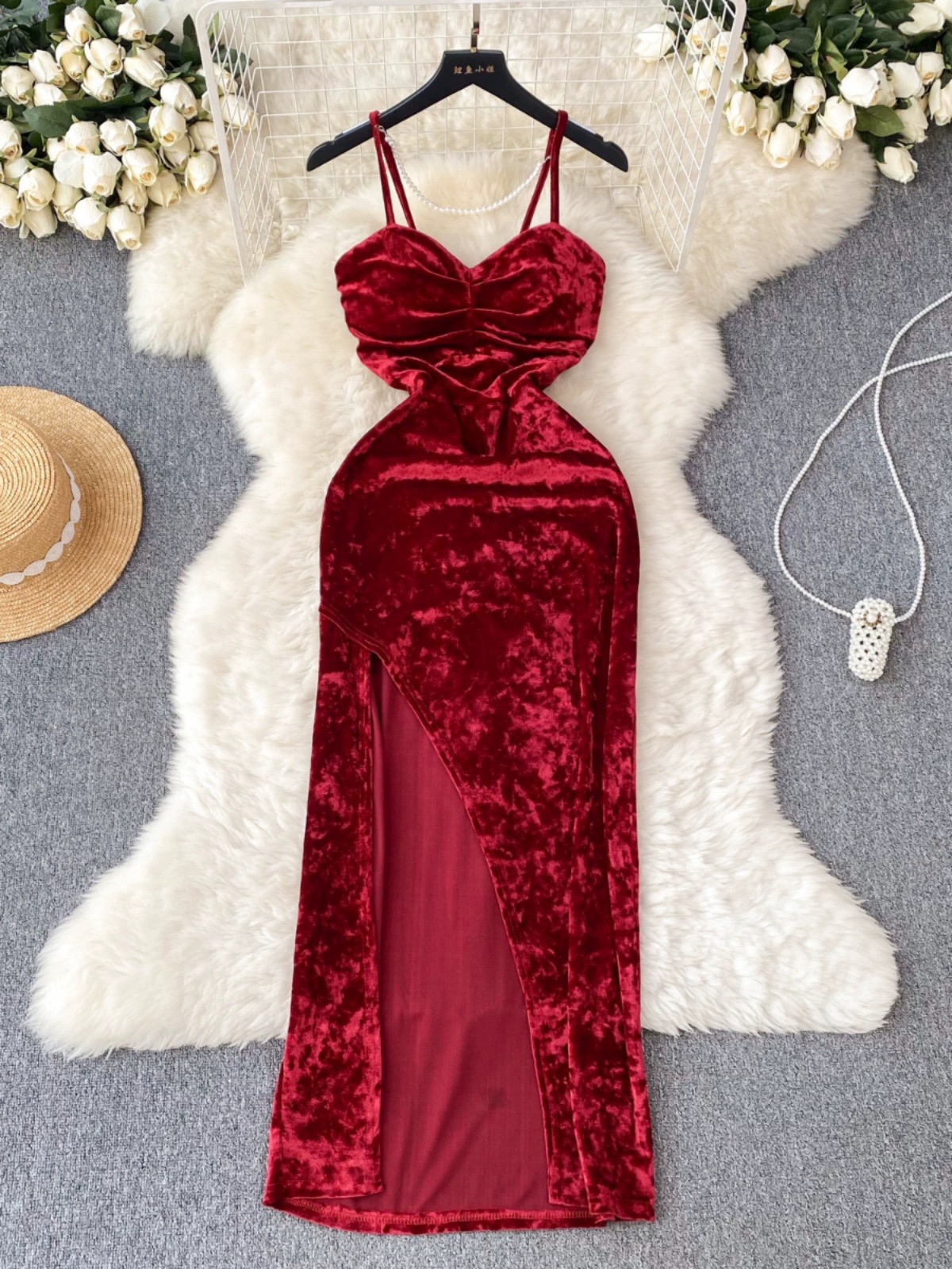 Banquet Wine Red Evening Dress Velvet Suspender Split Dres