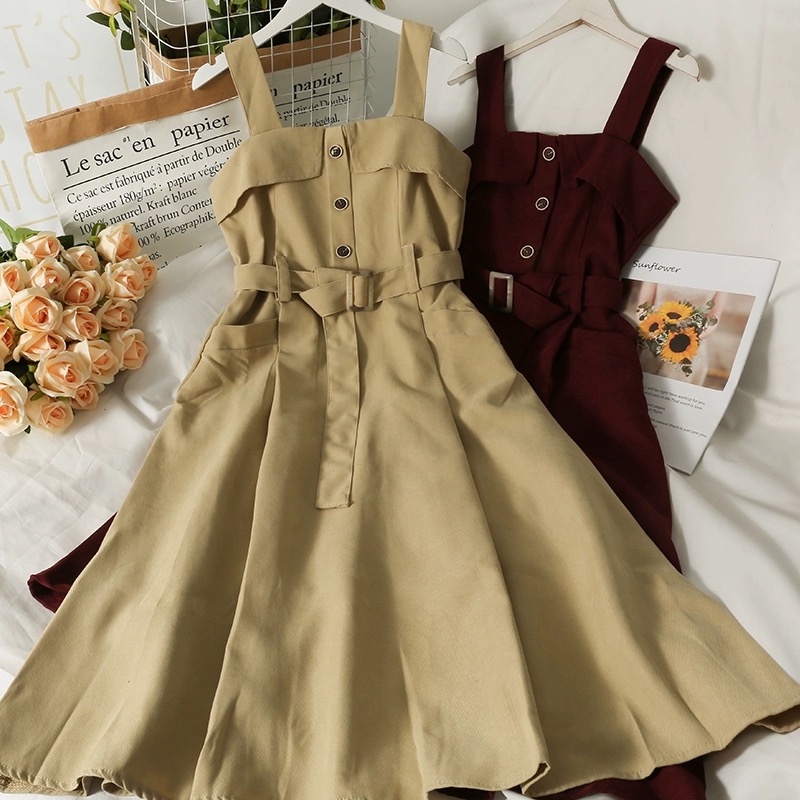 Bow-tie High-waisted Buttoned Mid-length Dress, Solid Color Versatile A-line Suspender Dress