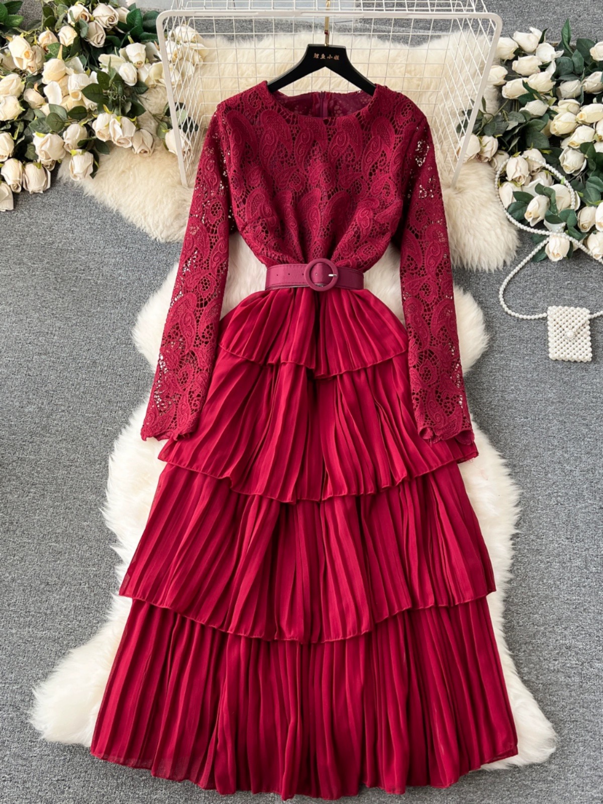 A Line Chiffon Lace Long Sleeve Dress Fashion Dress
