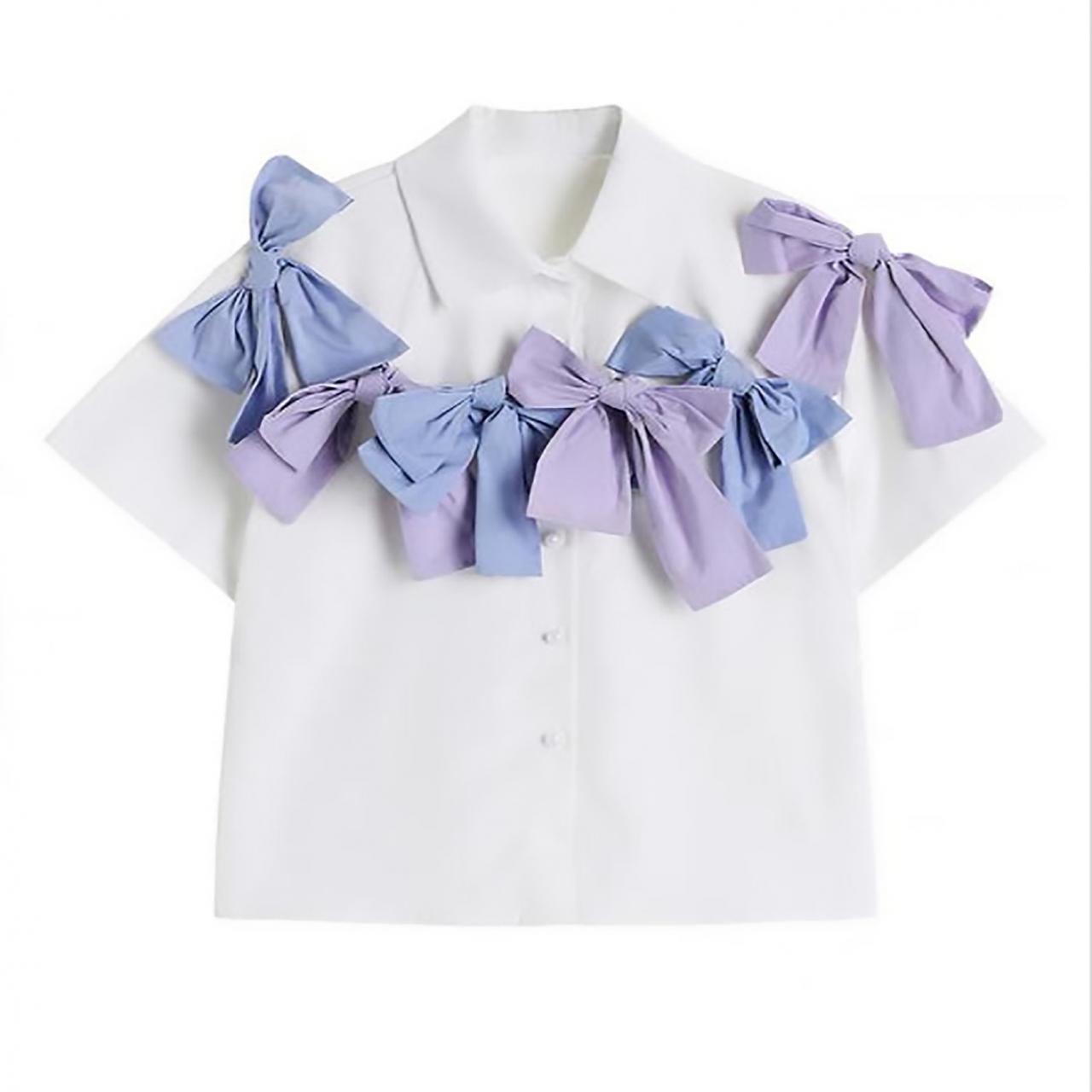 Fashion, Blue And Purple Bow, White Short-sleeved Shirt, Chic Top, Unique Shirt