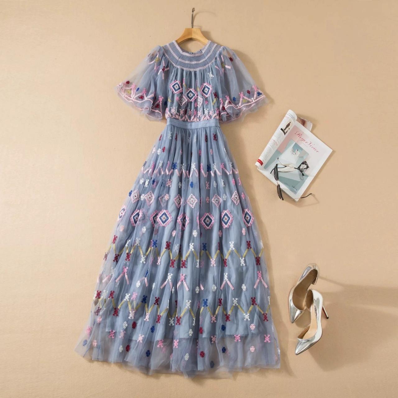 Heavy Gauze Embroidery Dress, Beautiful Floral Dress, Fashion Dress Long Dress