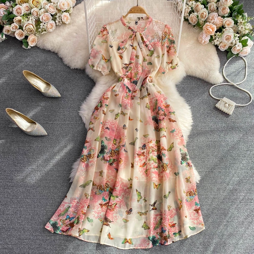 Retro, Elegant, Bow-tie Puff Short-sleeved Waist Slimming A-line Floral Chiffon Dress Elegant Long Dress
