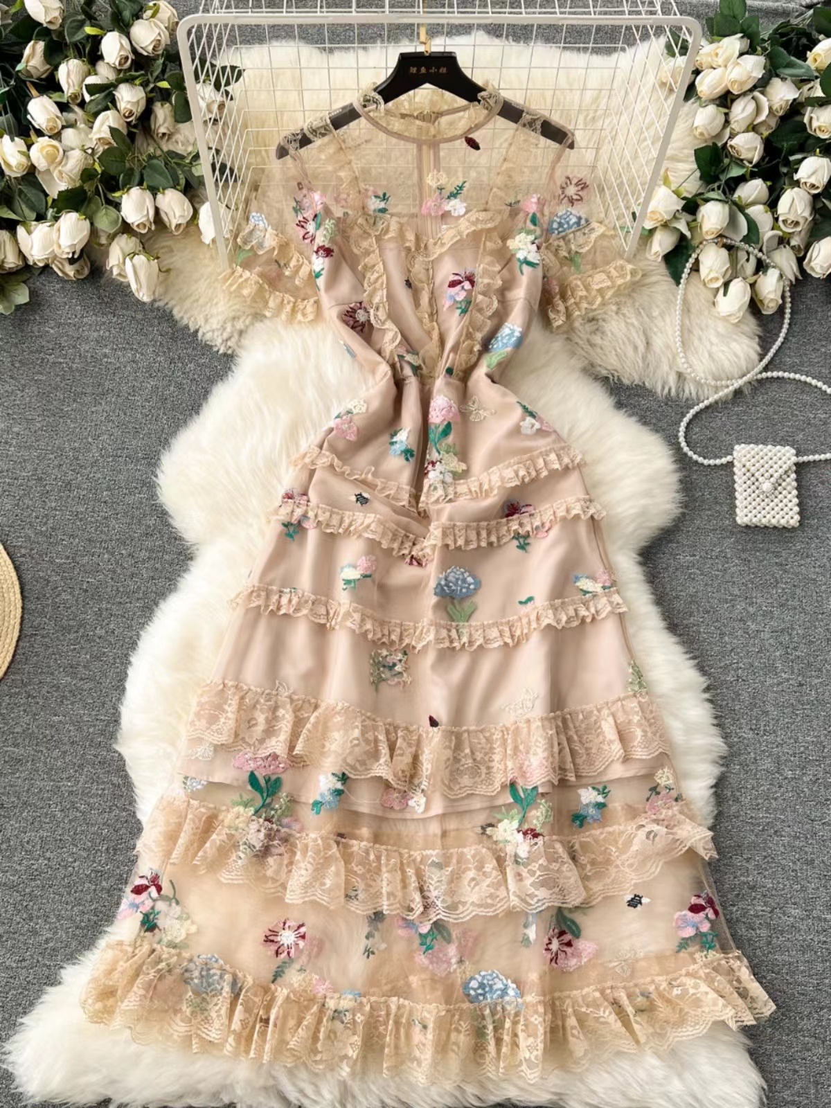 Vintage Dress Female Sweet Lace Lace Trim Midlength Embroidered Mesh Fairy Dress