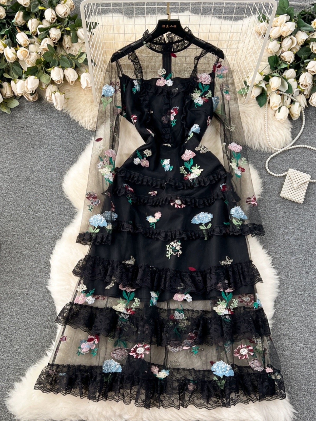 Vintage Dress Female Sweet Llong Sleeve Dress,lace Trim Midlength Embroidered Mesh Fairy Dress
