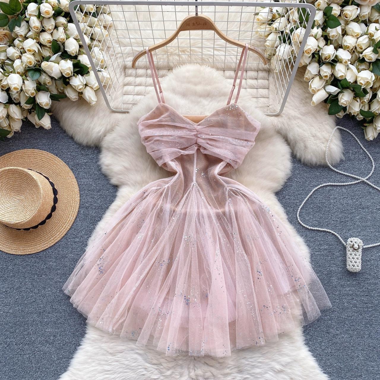 Gentle Style Princess Dress, Sweet Mini Dress, Pleated Mesh Suspender Dress