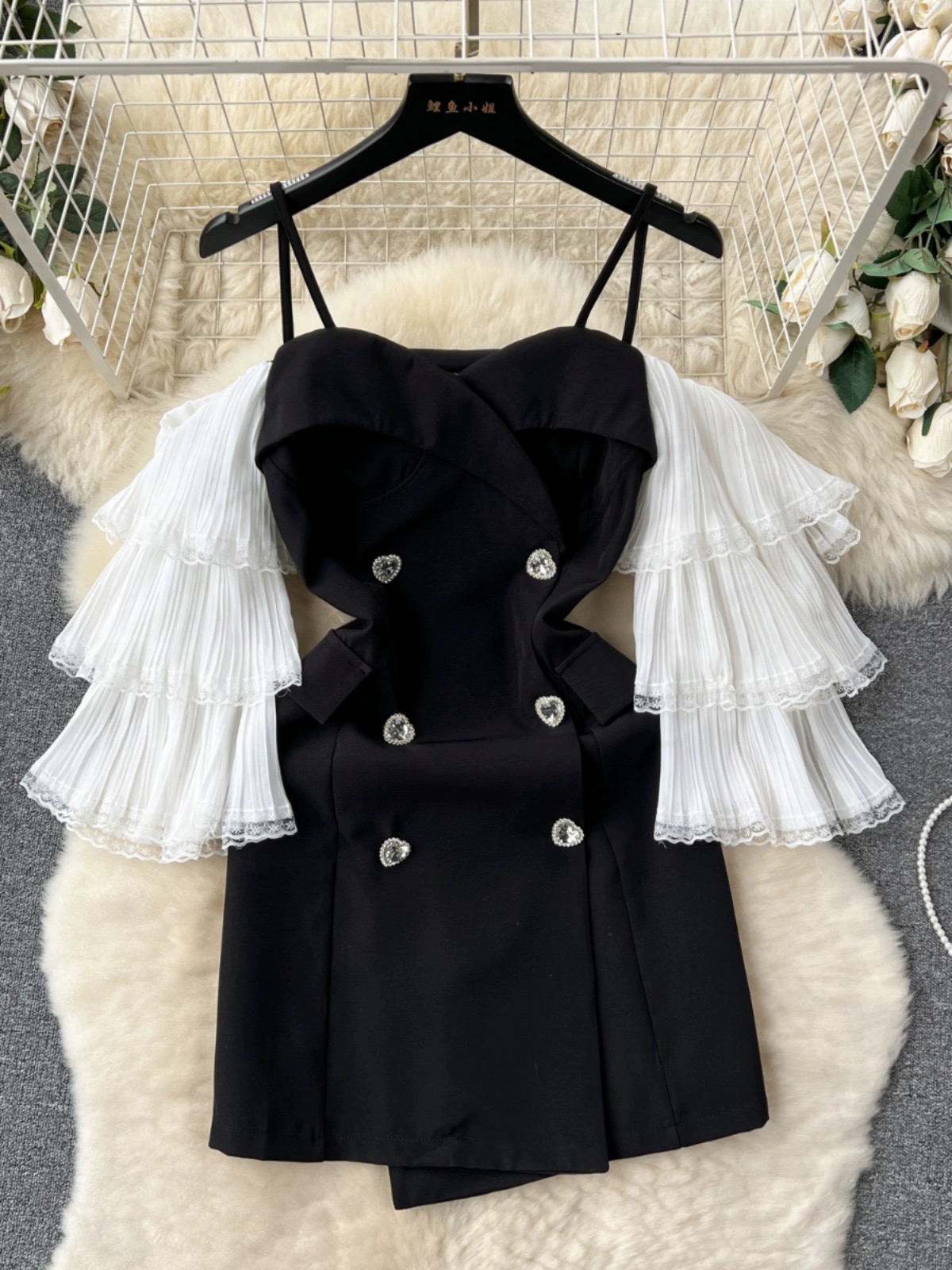 Off-shoulder Little Black Dress Elegant Off-shoulder Trumpet Sleeves Love Breasted Dress
