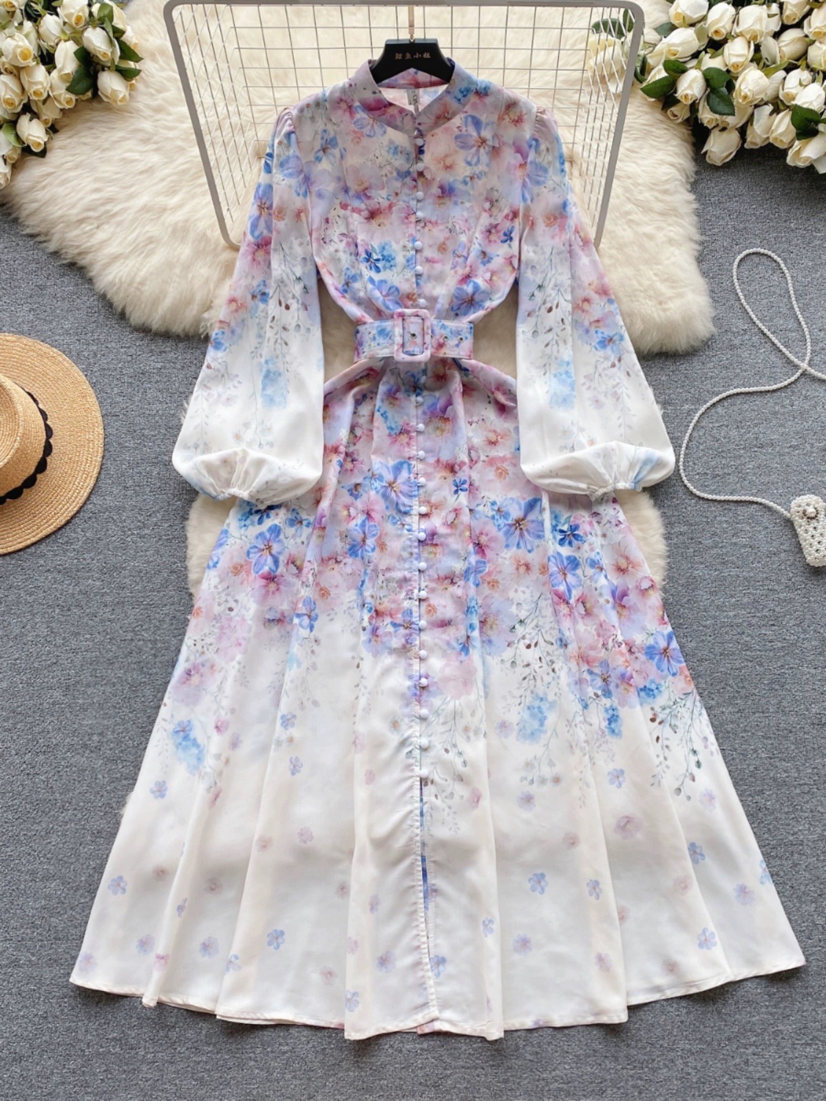 Puff Sleeve Dress, Elegant Stand Collar Buttoned Slim Long Printed Holiday Dress