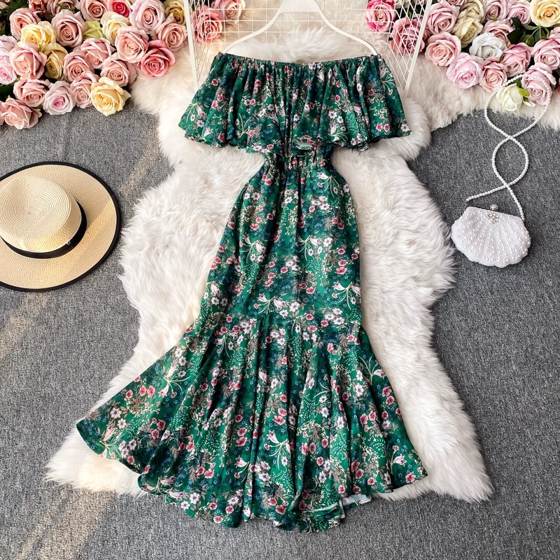 Sexy Dress, Waist-cinching Floral Chiffon Long Dress, Off-shoulder Vacation Dress, Beach Dress