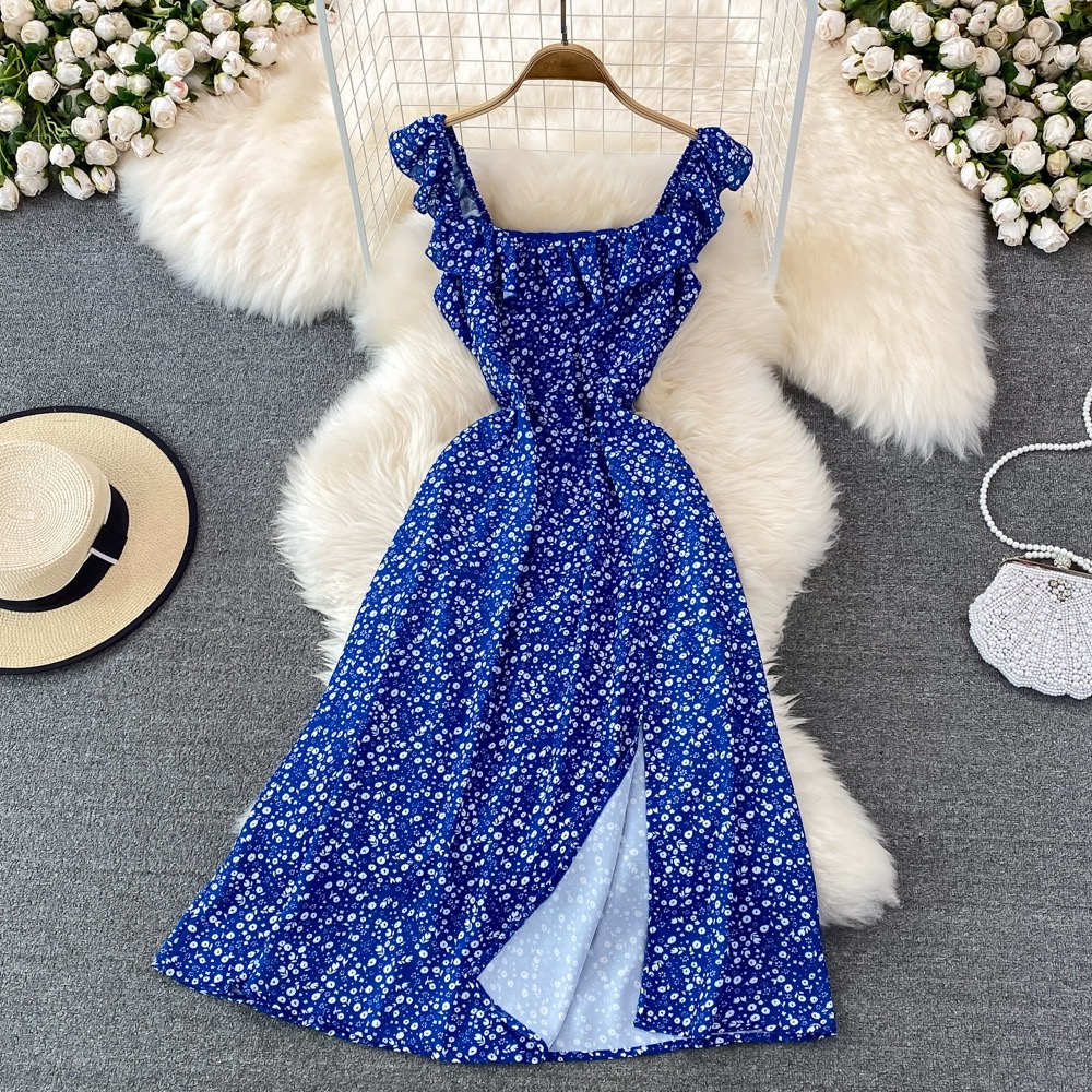 Vintage High-waisted Floral Suspender Dress, Fashionable Seaside Vacation Long Slit Dress Chiffon A-line Dress