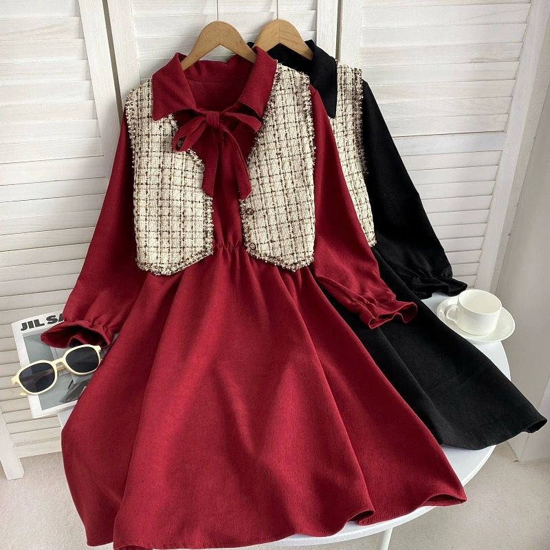 Retro, Tweed Vest Top + Corduroy Long-sleeved Dress With Bow Tie, Two-piece Set