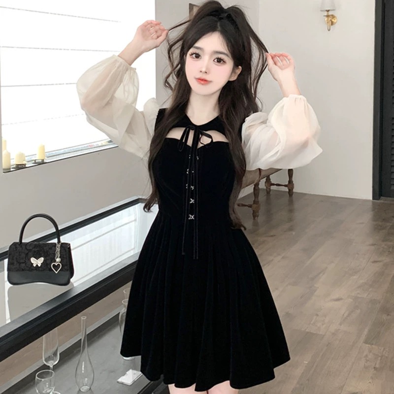 Princess Hollow Shawl Collar Velvet Dress, Spliced Mesh Long-sleeved Waist Dress Cute Little Black Dress