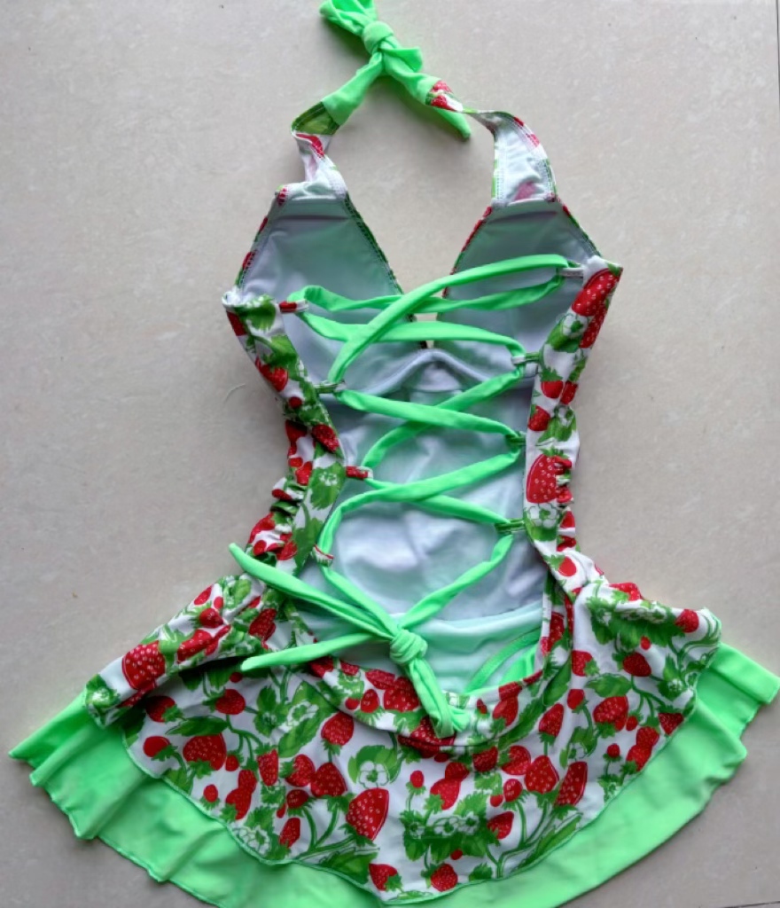 Women Strawberry Swim Dress, Vintage Strawberry Print Halter Swimsuit, Strawberry Green One Piece Swimsuit,strawberry Bikini