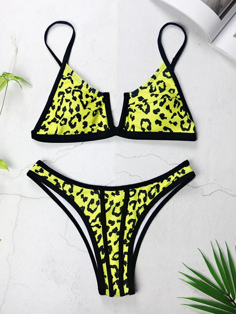 Neon Yellow Leopard Print Bikini Swimwear Set on Luulla