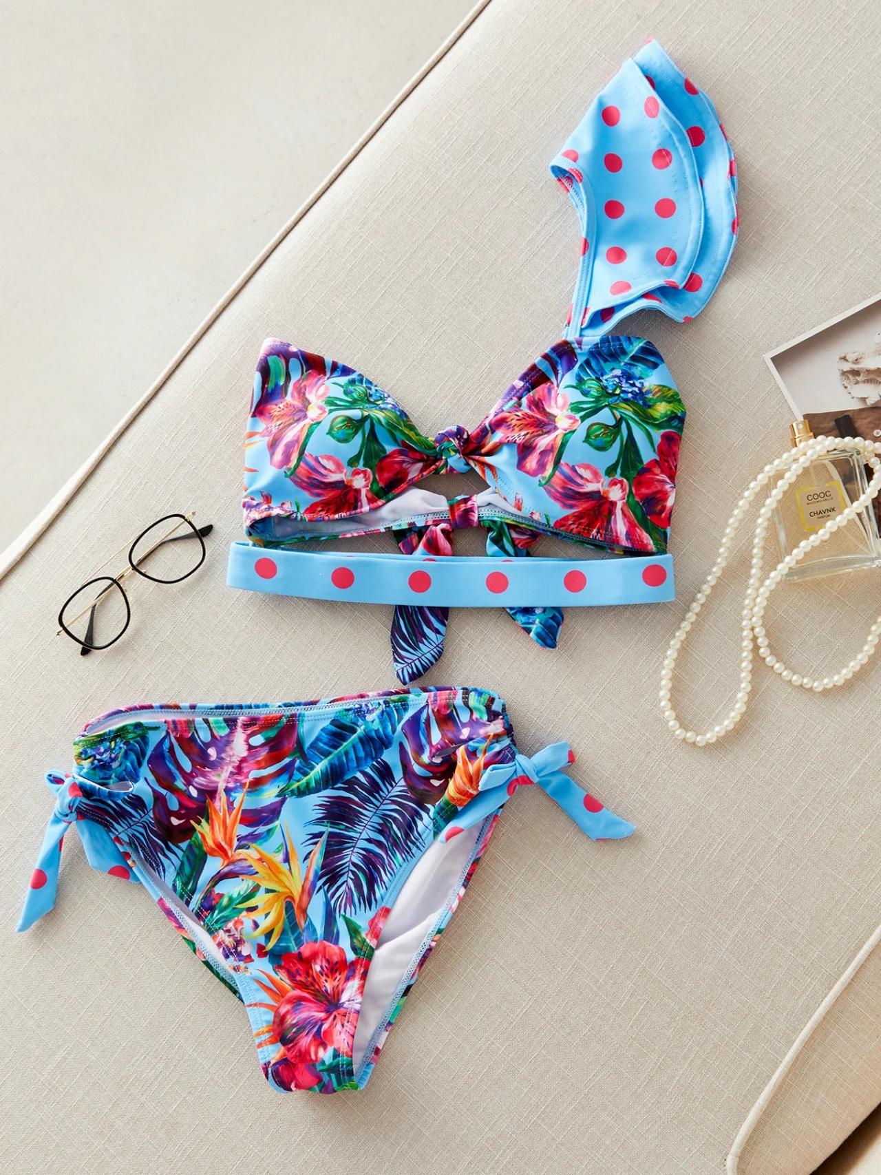 Tropical Floral Print Polka Dot High-waisted Bikini Set on Luulla