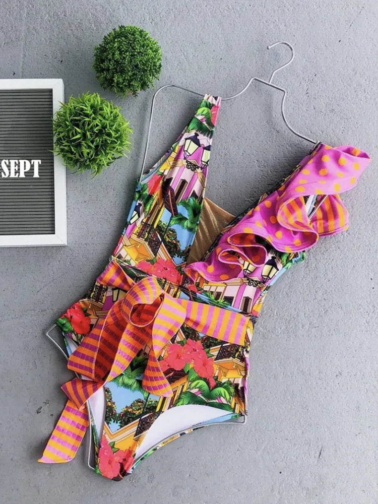 Welove Prom Womens Tropical Print One Piece Swimsuit with Ruffles
