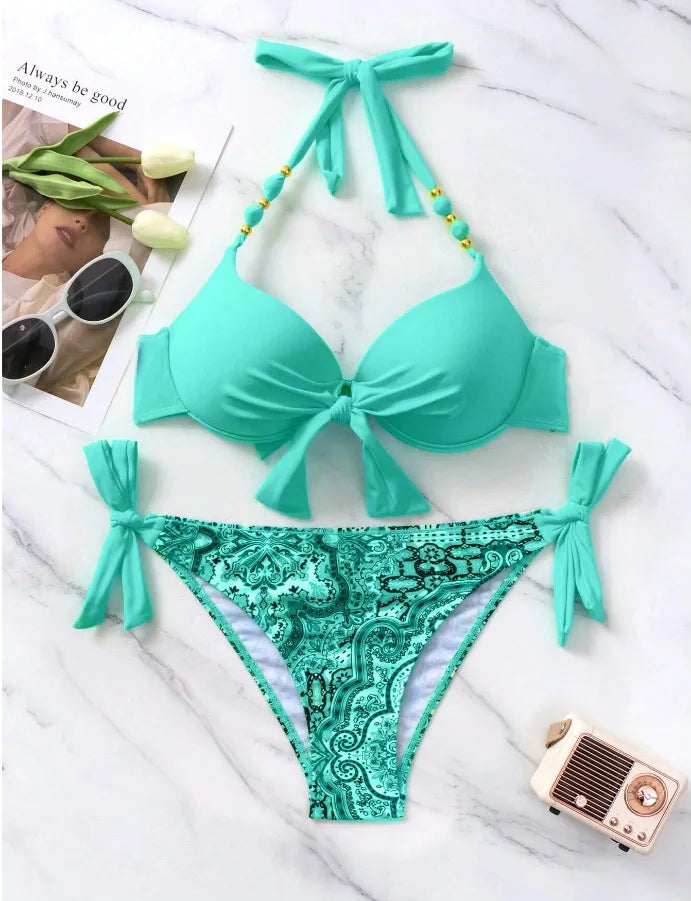 Womens Aqua Halter Top Bikini with Beaded Accents
