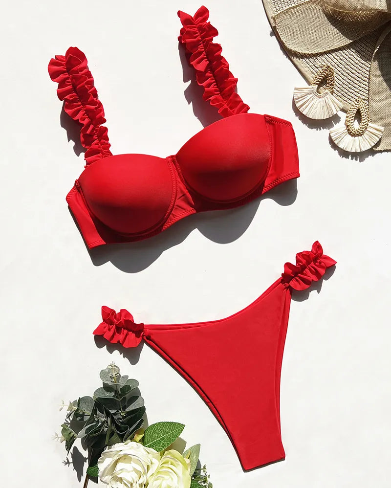 Welove Prom Womens Ruffled Red Bikini Set Push Up Swimwear
