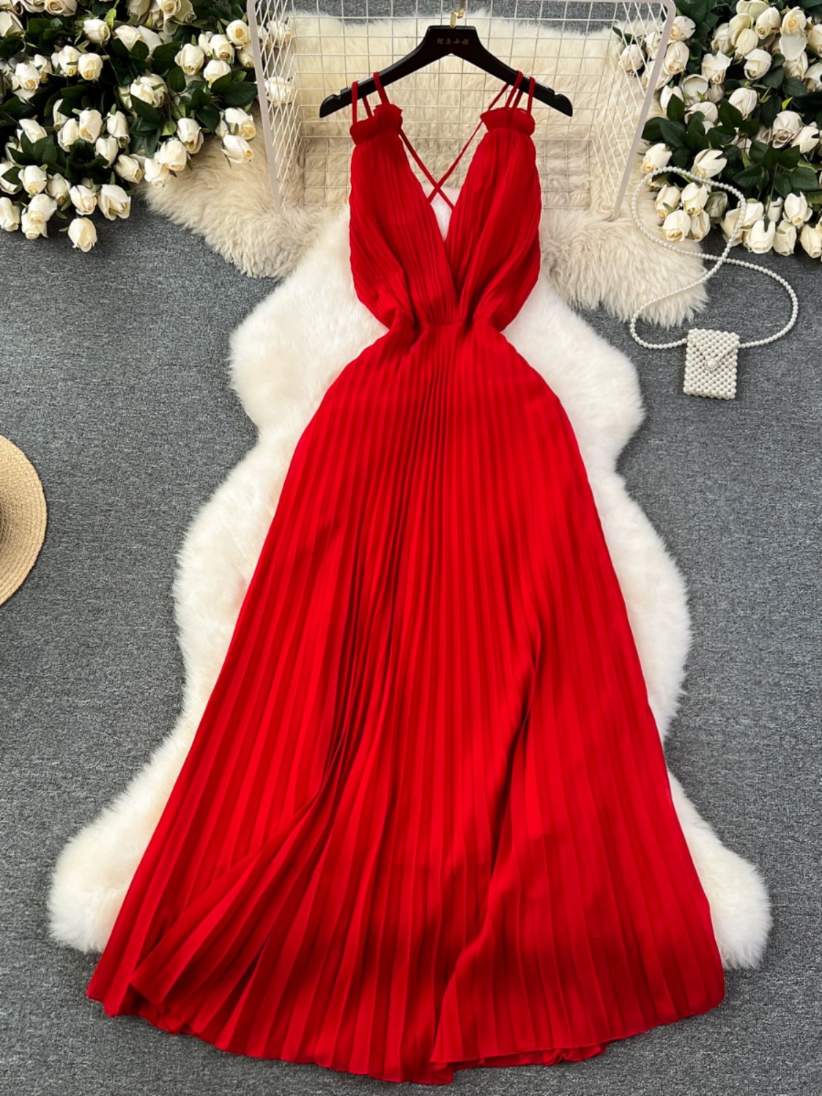 Red Dress, High Quality Elegant Party Dress, Seaside Holiday Style Halter Halter High-waisted Dress