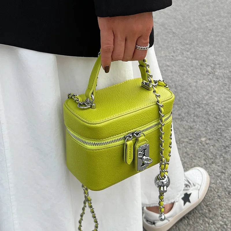 Vibrant Lime Green Leather Box Handbag With Chain on Luulla