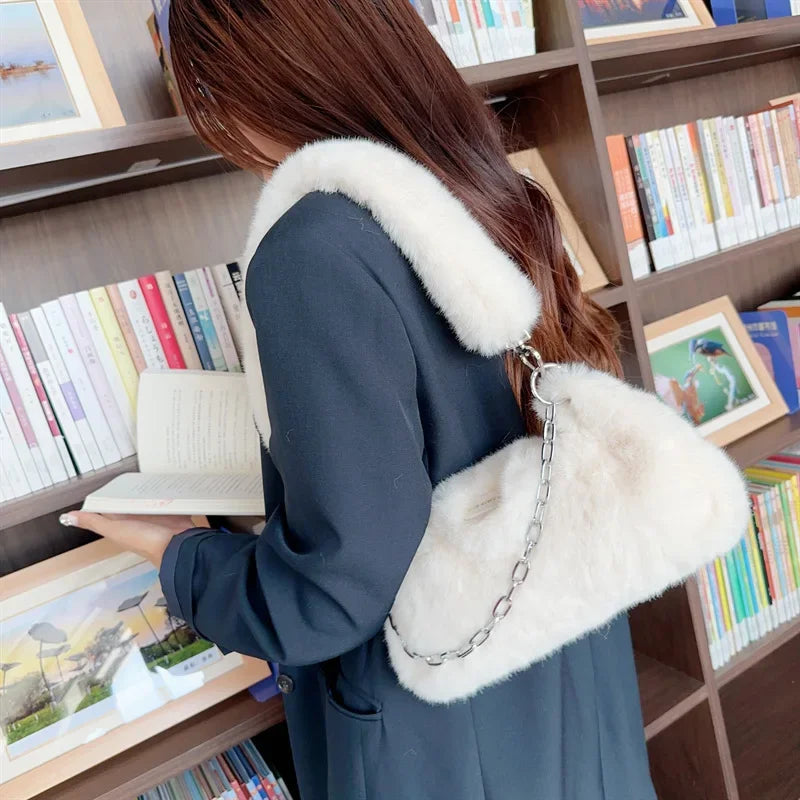 Chic Lavender Faux Fur Handbag With Silver Chain Strap on Luulla