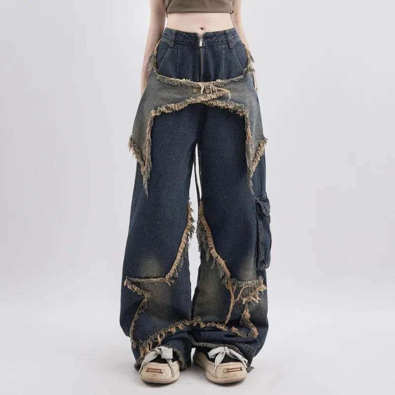 Distressed Wide-leg Patchwork Denim Jeans Pants on Luulla