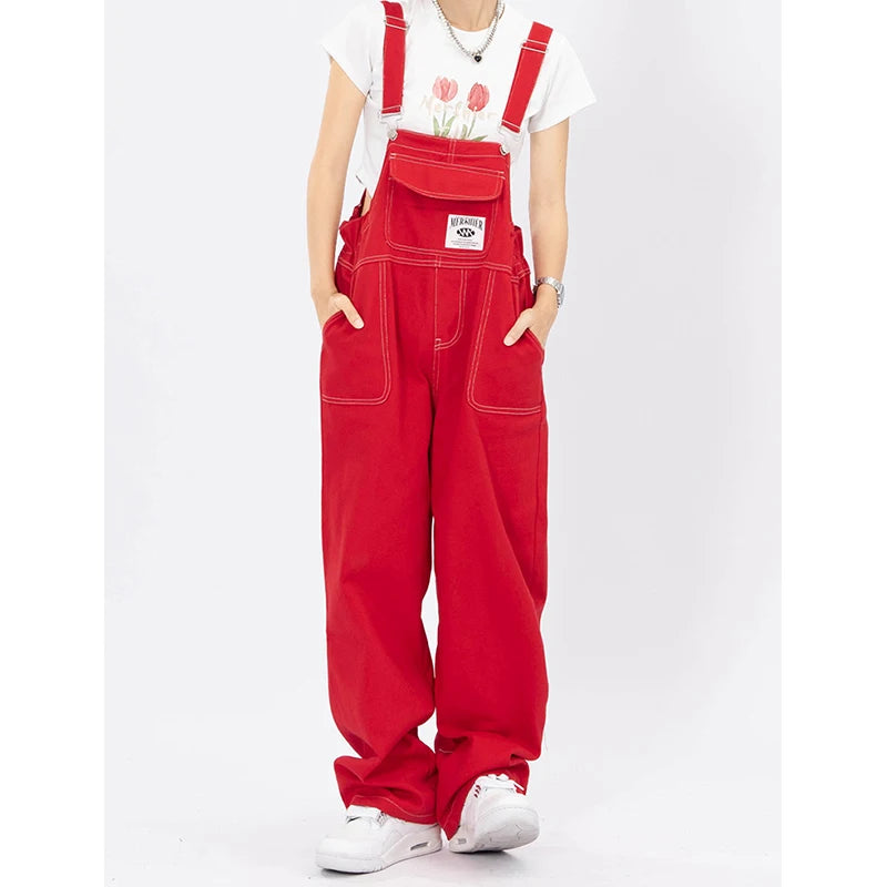 Red Wide-leg Womens Casual Denim Overalls on Luulla