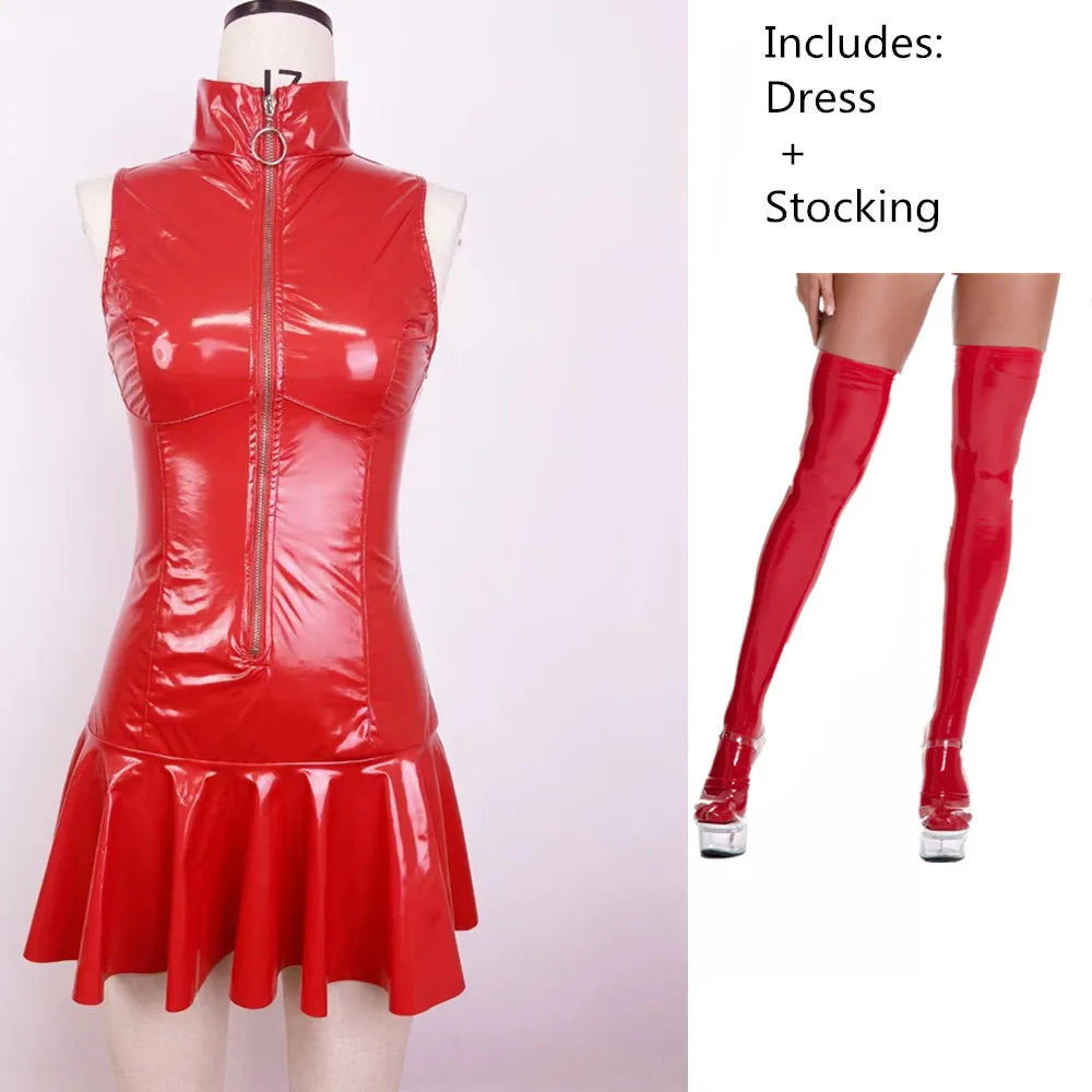 Red Patent Leather Zipper Front Mini Dress on Luulla