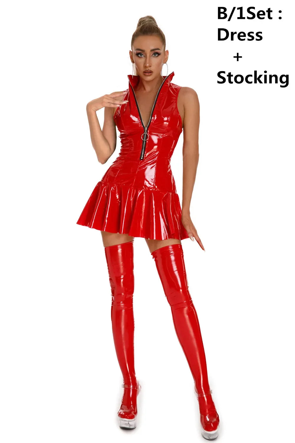 Red Patent Leather Zipper Front Mini Dress on Luulla