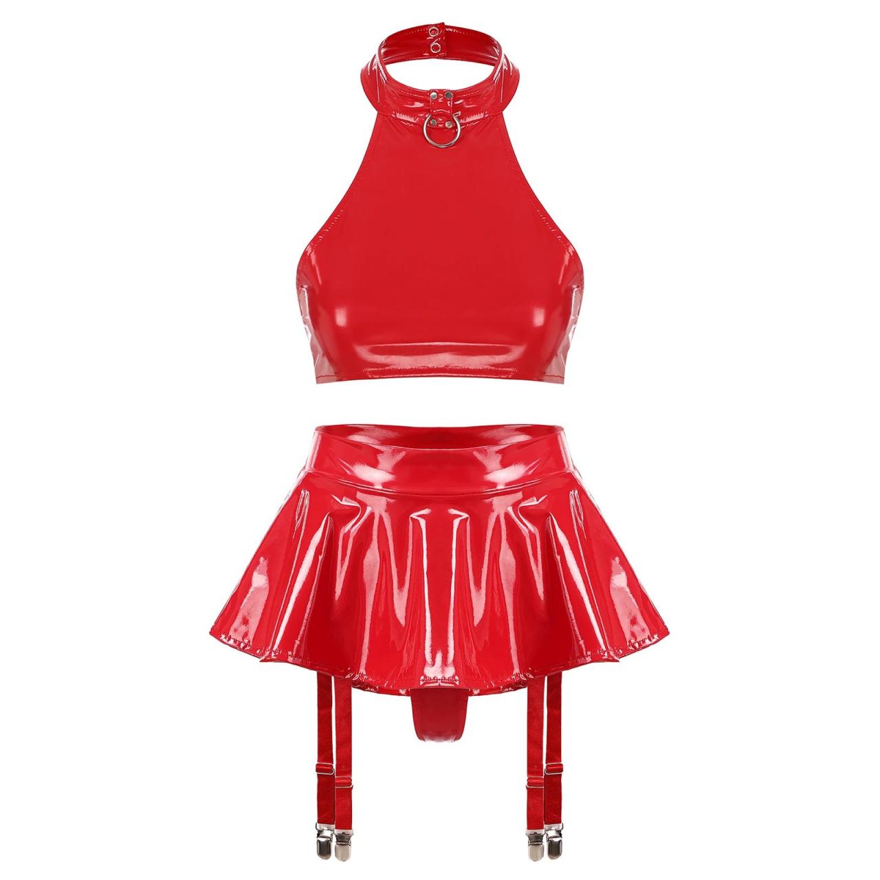 Red vinyl skirt and top on sale
