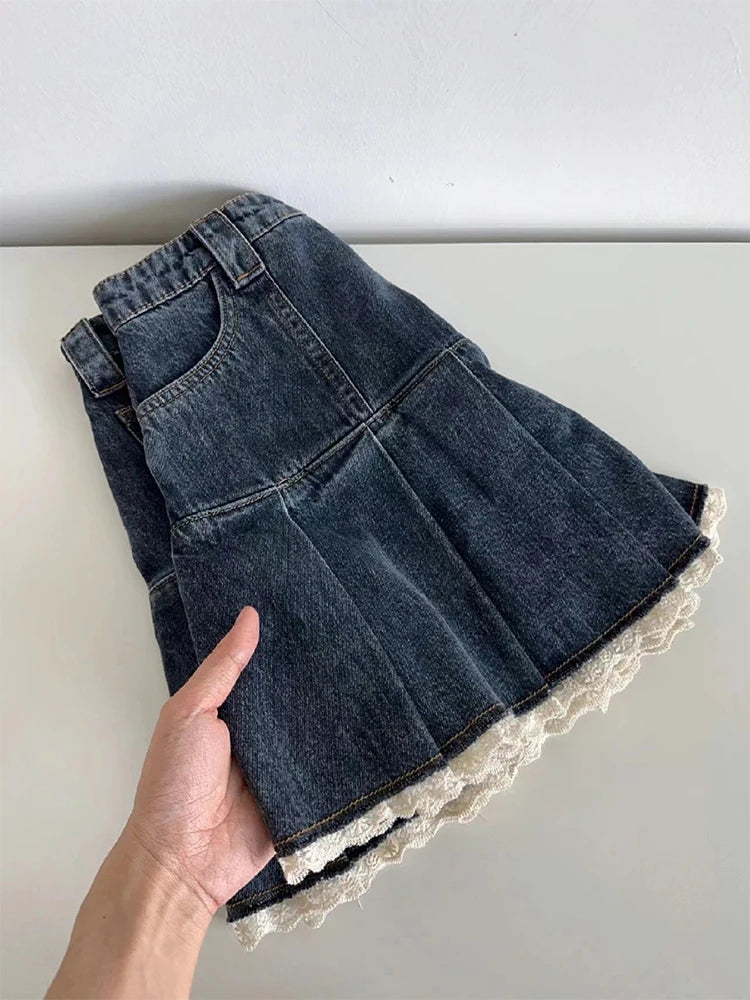Denim Skirt With Lace Hem For Women on Luulla