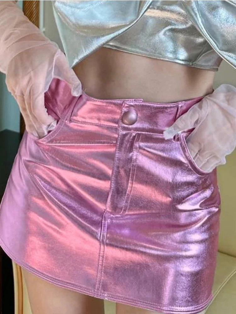 Metallic Pink High-waisted Mini Skirt Fashion