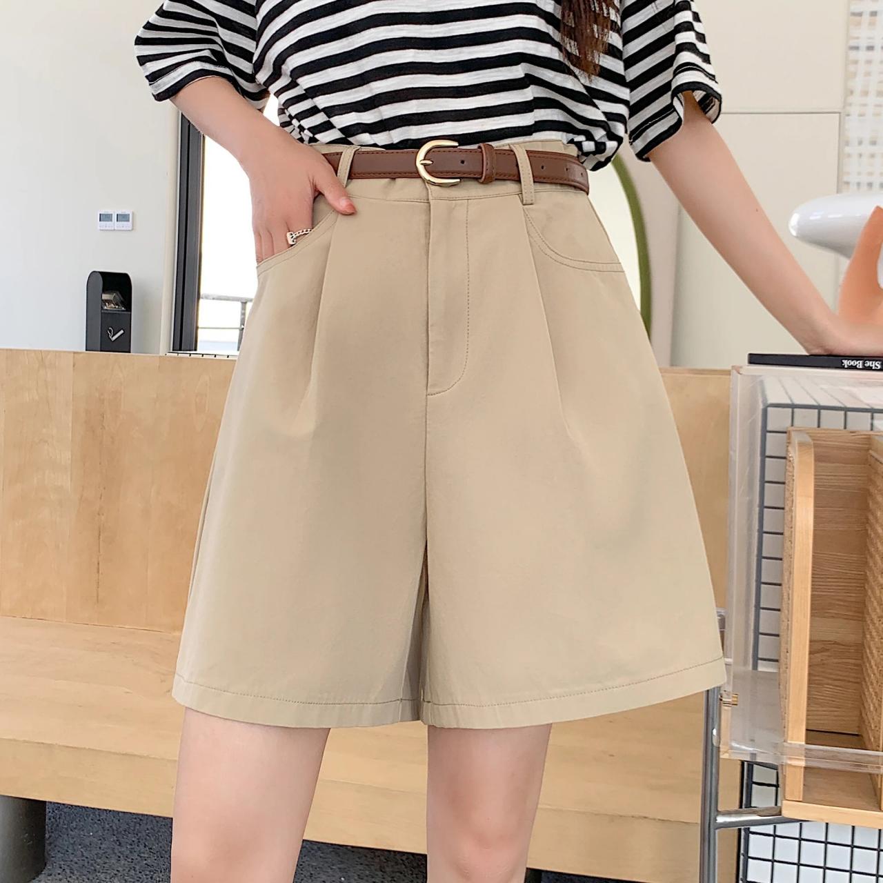 Womens Casual Beige High waisted Pleated Shorts