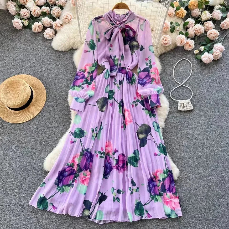 Elegant Floral Long-sleeve Pleated Maxi Dress on Luulla
